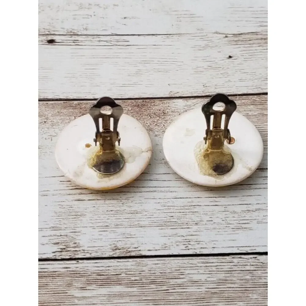 Vintage Clip On Earrings - Large Cream Circle with Yellow Flower